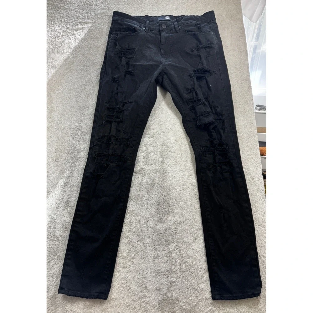 Jordan Craig Mens Sean Slim Fit Distressed Black Denim Jeans 34x34 Meas: 35x33.5